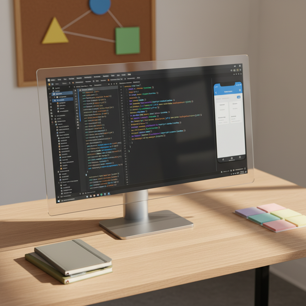 A modern workspace featuring a large, ultra-clear monitor displaying Android Studio’s interface with colorful code and an open emulator running a simple app interface. The monitor sits on a light oak desk beside a small stack of closed notebooks and a neatly arranged collection of pastel sticky notes. A minimalist corkboard in the blurred background holds a few geometric shapes symbolizing ideas and goals. Warm afternoon light streams from the side, creating soft, directional shadows and a productive, focused mood. Photographic realism, shot from a slightly elevated angle with balanced composition, evoking professional Android development tutorials and organized learning in a clean, inspiring environment.