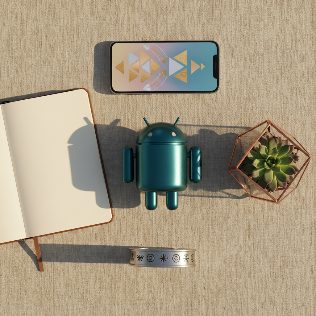 A circular arrangement of symbolic objects on a pale linen surface: a sturdy, metallic Android figurine in teal at the center, surrounded by an open blank notebook, a small geometric glass terrarium with a thriving succulent, and a polished metal bracelet inscribed with abstract empowerment symbols instead of text. A slim smartphone rests nearby, its lock screen showing a subtle, uplifting abstract pattern. Soft golden-hour light from the side bathes the scene, creating long, gentle shadows and warm highlights. Photographic realism from a top-down, flat-lay perspective, with crisp focus throughout, conveying a mood of motivation, women’s empowerment, and balanced tech-life reflection in a clean, modern aesthetic.