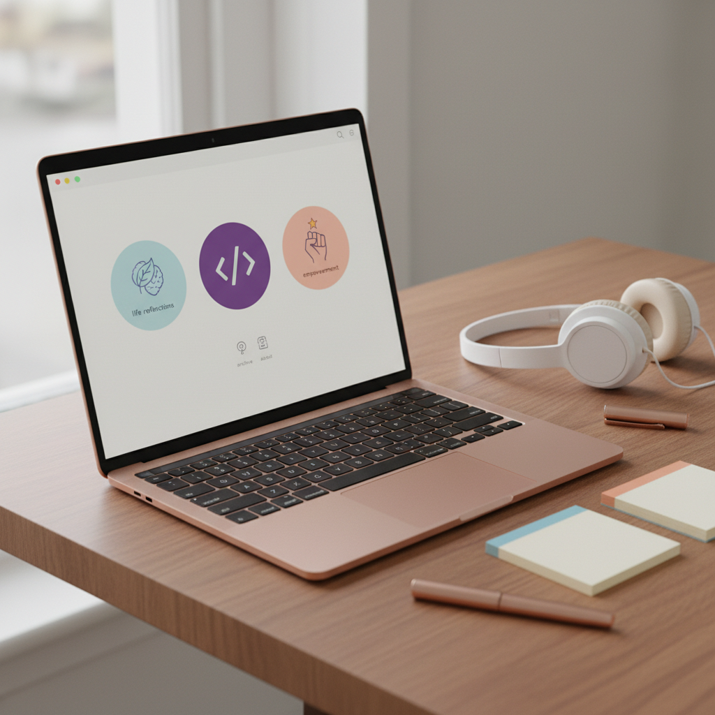 A close-up of a slim, rose-gold laptop on a smooth wooden table, its screen showing a polished blog dashboard with clear navigation sections labeled using abstract icons for life reflections, code, and empowerment themes instead of text. Beside the laptop rests a pair of simple over-ear headphones, a capped pen, and a tidy index card stack with subtle color-coding. Diffused overcast daylight from a nearby window lends an even, soft illumination, eliminating harsh shadows. Photographic realism with a shallow depth of field, framed using rule of thirds, creating a calm, professional mood that suggests thoughtful writing, structured content, and accessible topic navigation for a life blog.