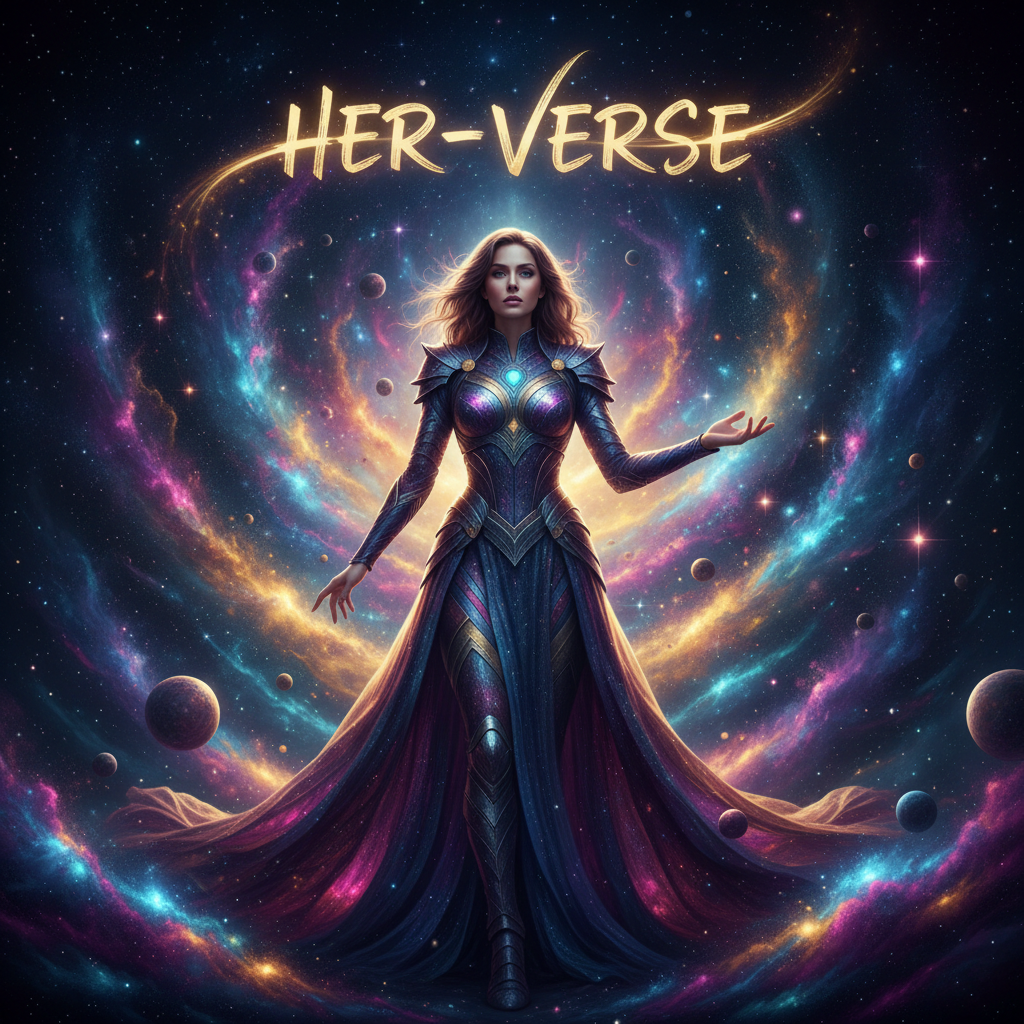 A bold, empowering and visually striking image representing a women's space called "Her-Verse". A woman standing confidently surrounded by swirling galaxies, stars, and cosmic energy in deep purples, golds, and blues. Cinematic, aspirational, feminine strength. Abstract yet powerful.