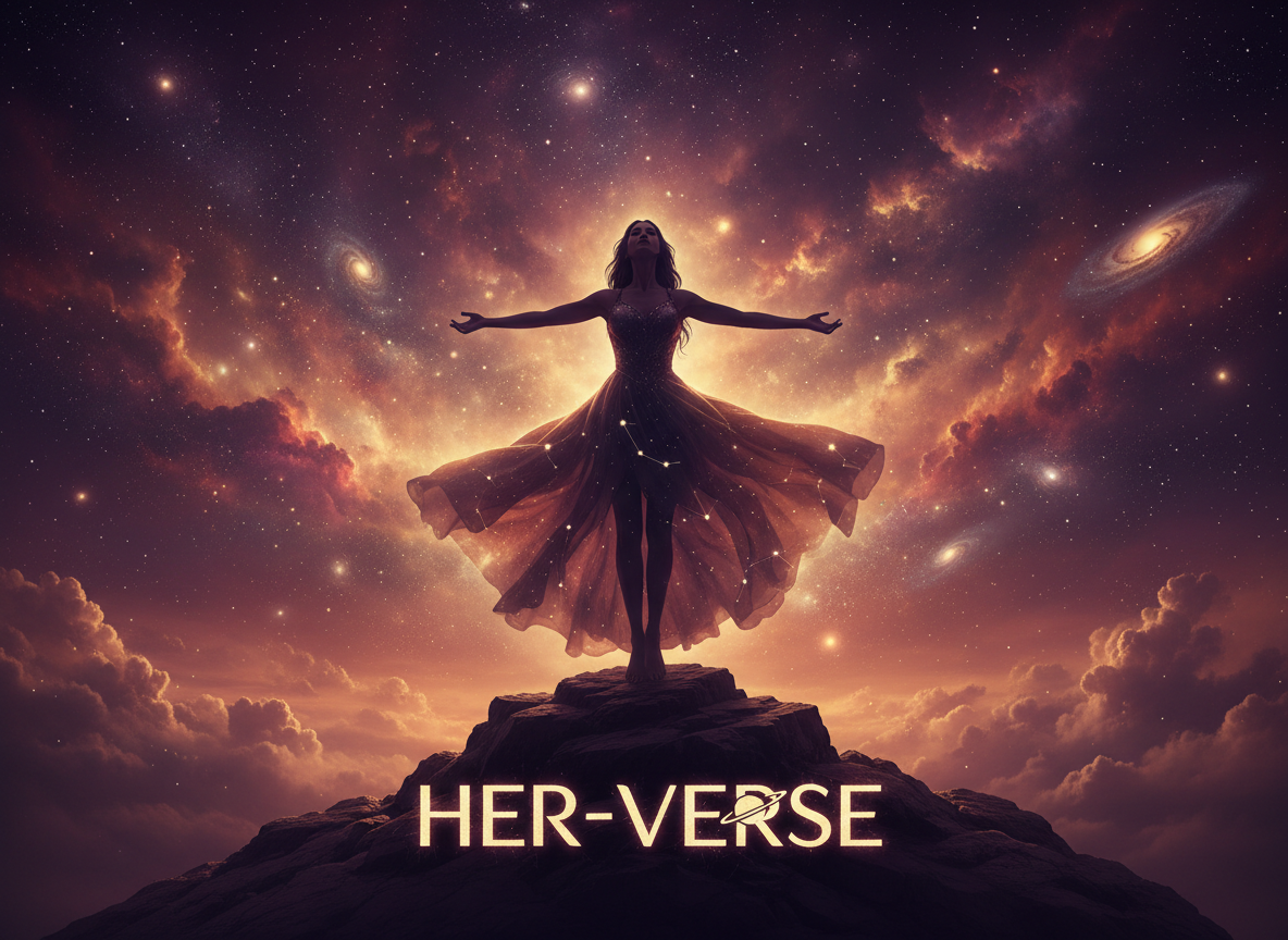 A bold, empowering image for a platform called Her-Verse. A woman silhouetted against a cosmic, galaxy-filled sky with warm purple and gold tones. Inspirational, feminine, and strong. Wide cinematic composition.