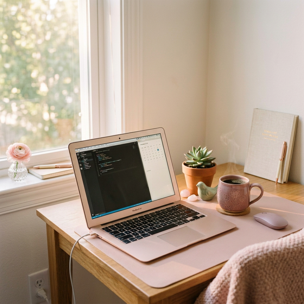 Laptop showing code on screen beside a steaming coffee mug and small green plant on wooden desk